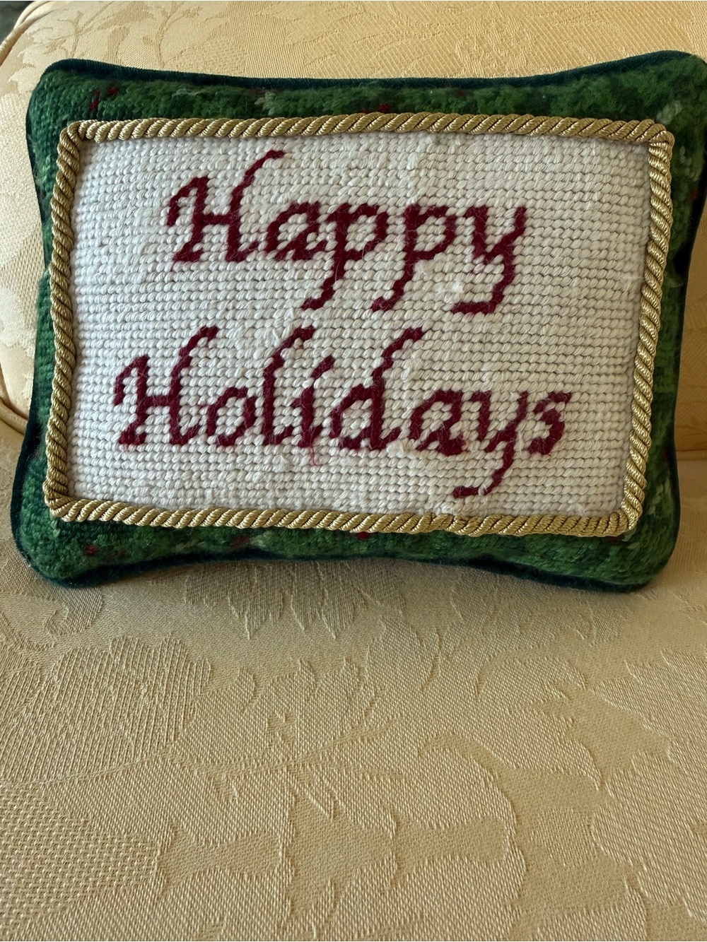 Set of 2 Christmas Needlepoint Mini Pillows Green Velvet Back Embroidered 6”x8”